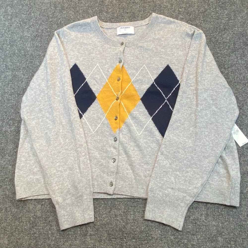 Brand New Old Navy Womens 2XL XXL Gray Geometric Argyle Print Cardigan Sweater
